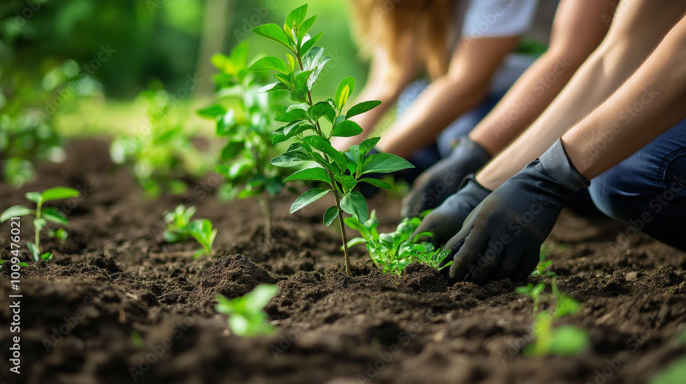 Volunteers plant trees together as part of an environmental campaign Volunteers plant trees together as part of an environmental campaign