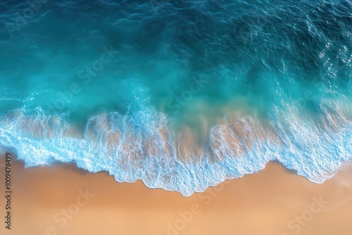 aerial view of a sandy beach turquoise waves gently lapping the shore sunlight sparkles on the water evoking a sense of relaxation and summer vibes perfect for vacation dreaming