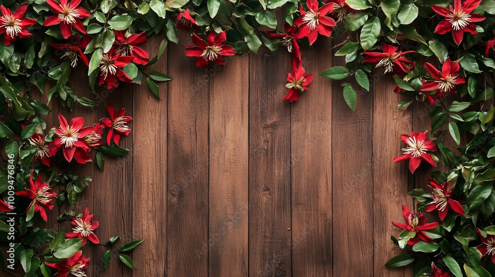 Red Flowers Frame Rustic Brown Wooden Background. Red Flowers Frame Rustic Brown Wooden Background.