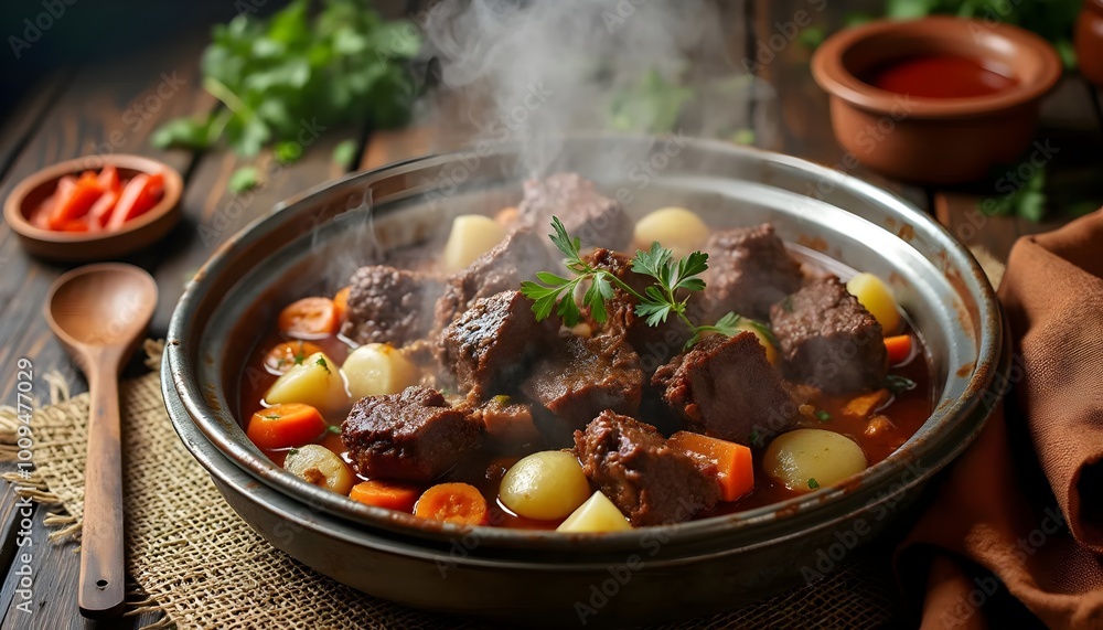 Steaming Khorkhog with Tender Meat and Vegetables on a Rustic Tray (Mongolian Cuisine) Steaming Khorkhog with Tender Meat and Vegetables on a Rustic Tray (Mongolian Cuisine)