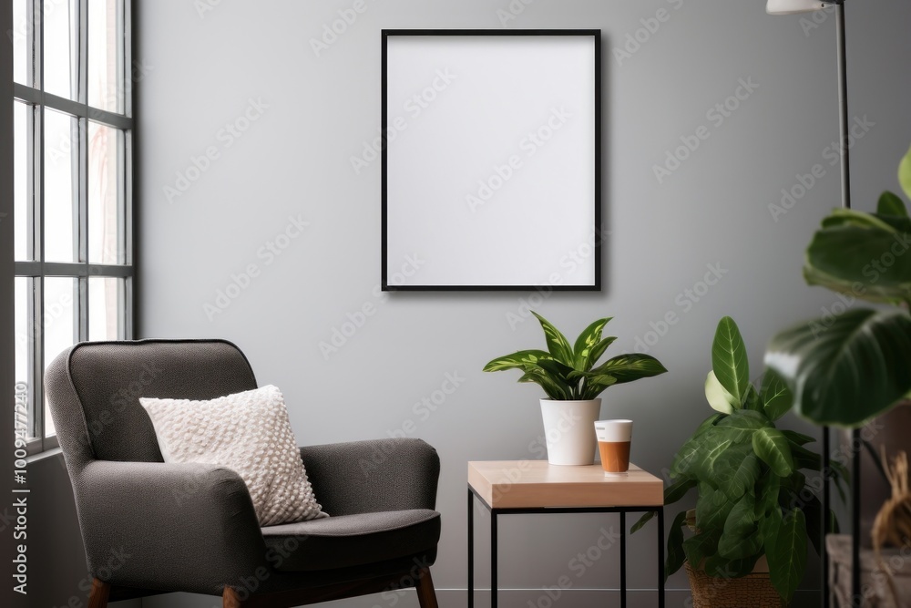 Empty white canvas frame on the livingroom wall plant architecture furniture. Empty white canvas frame on the livingroom wall plant architecture furniture.