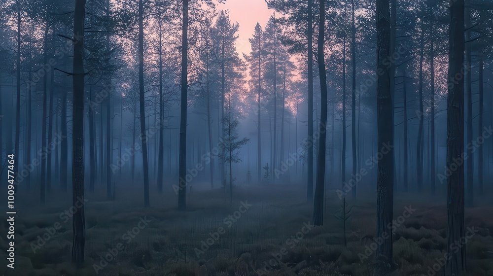 Fototapeta premium A misty forest at dawn, with tall trees and a serene atmosphere.