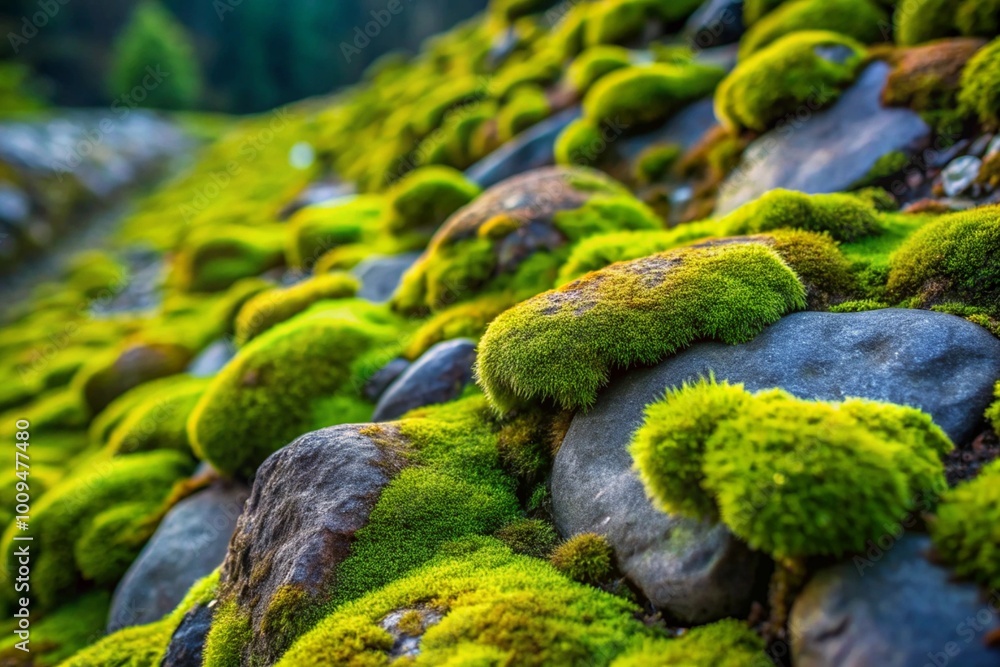 Close-up of mossy rocks with soft green hue and intricate texture Close-up of mossy rocks with soft green hue and intricate texture