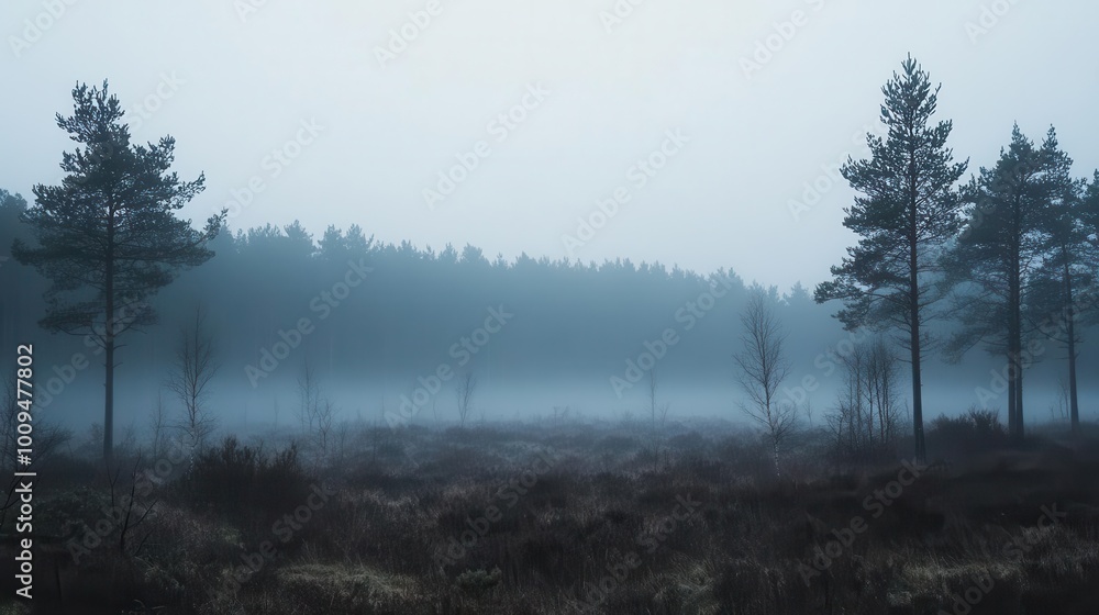 A misty forest landscape with tall trees and a serene, fog-covered ground. A misty forest landscape with tall trees and a serene, fog-covered ground.