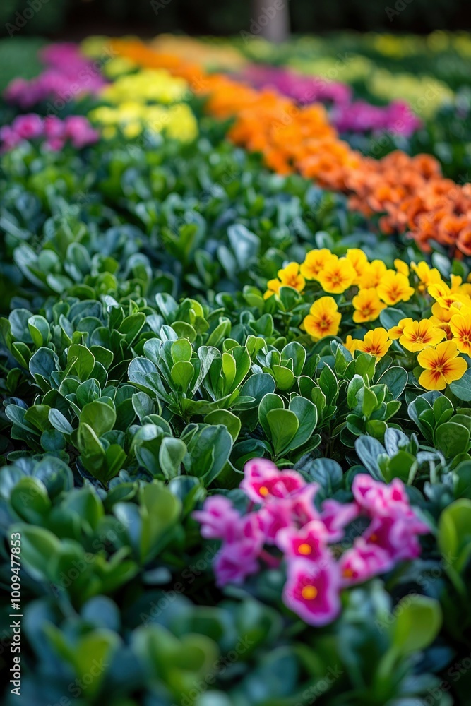 Close-up of vibrant yellow and pink flowers with green leaves in the foreground Close-up of vibrant yellow and pink flowers with green leaves in the foreground