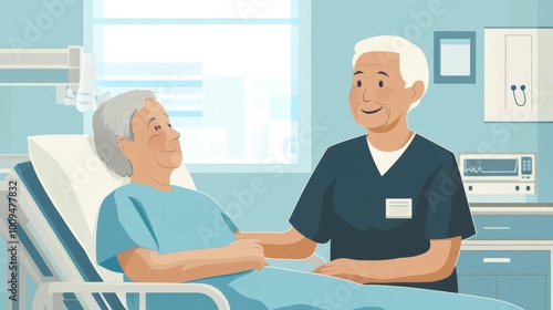 Elderly patient in a hospital bed being cared for by a nurse, depicting compassionate healthcare and patient care in a medical setting.