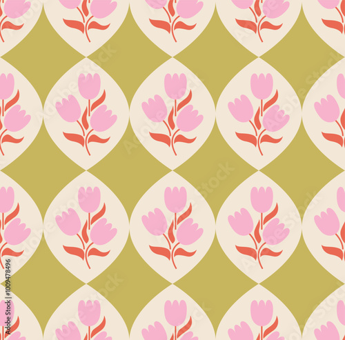 Seamless pattern with tulip flowers. Vector flat background in retro groovy style. Geometric botanical ornament with floral bouquets