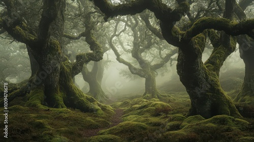 A misty forest scene with twisted trees and lush moss, evoking a sense of mystery.