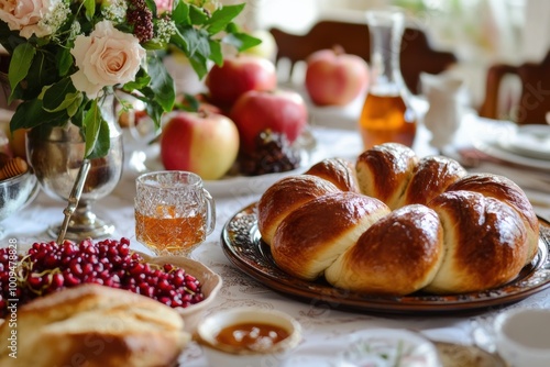 A beautifully arranged table featuring traditional High Holiday foods, including round challah with raisins, apples, honey, and pomegranates, symbolizing abundance and sweetness for Rosh Hashanah. photo