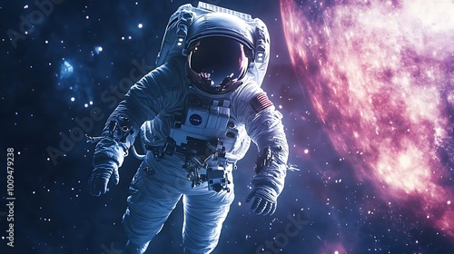 Astronaut exploring vast space while floating near vibrant colorful planet