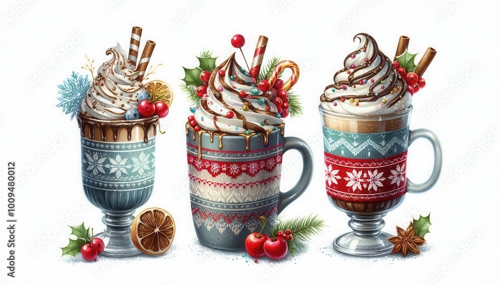 Fototapeta premium Delightful winter-themed mugs filled with festive beverages, perfect for holiday promotions, menus, or seasonal marketing materials.