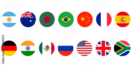 National Flag Round Icons Set. USA, UK, China, Russia, Bangladesh, India, France, Germany, Spain, South Africa, Argentina, Australia, Brazil, and Mexico. Isolated Circle Buttons on Transparent.