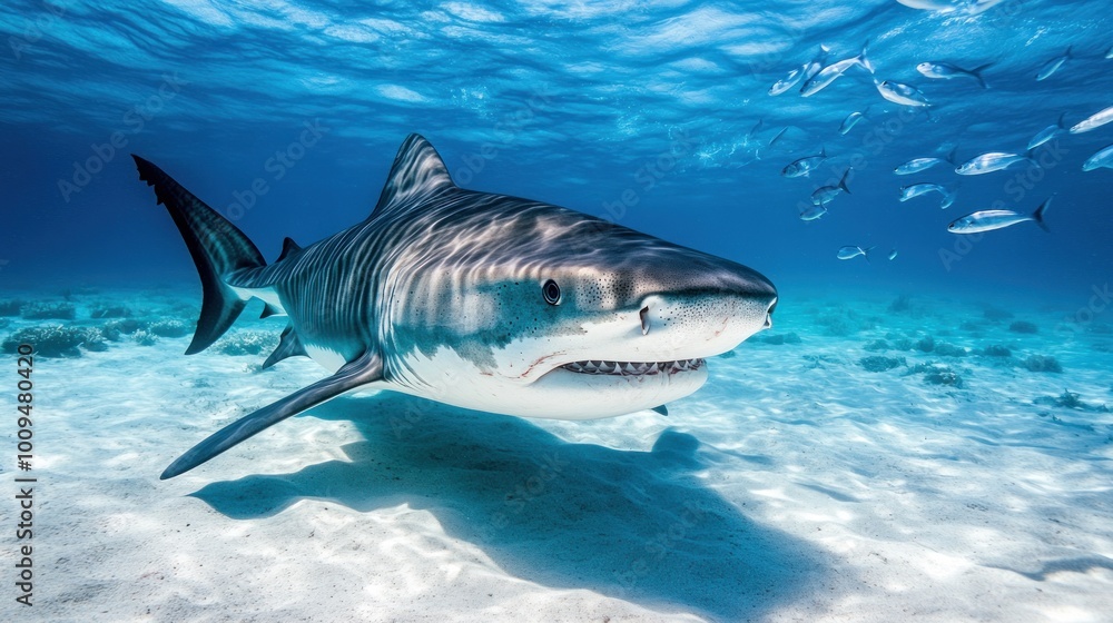 Fototapeta premium A tiger shark swimming gracefully in clear blue waters, surrounded by smaller fish.