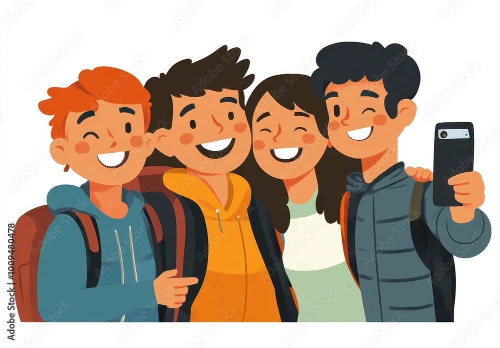 Fototapeta premium Happy friends taking a selfie together, a flat illustration with a white background, in a cartoon style Generative AI