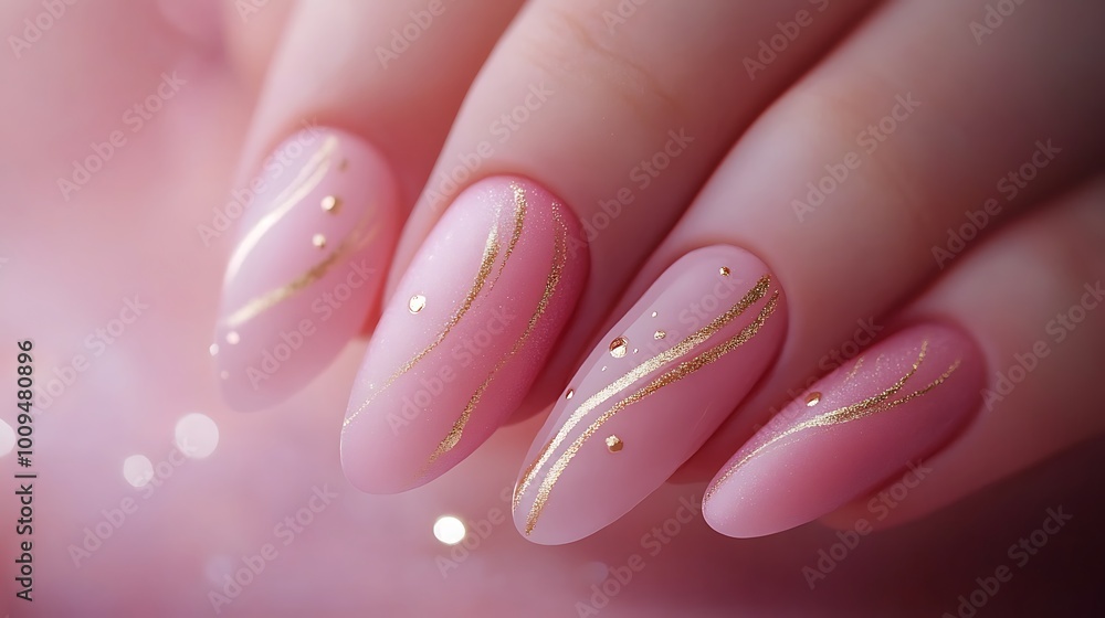 A close-up of matte pastel pink nails with minimalist gold line art, fine lines forming elegant shapes and dots placed near the tips. The nails are set against a blurred blush background, A close-up of matte pastel pink nails with minimalist gold line art, fine lines forming elegant shapes and dots placed near the tips. The nails are set against a blurred blush background,