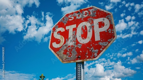 A stop sign is covered in rust and is sitting on a pole photo