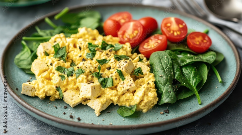 A nutritious breakfast plate with scrambled eggs, spinach, and cherry tomatoes. A nutritious breakfast plate with scrambled eggs, spinach, and cherry tomatoes.