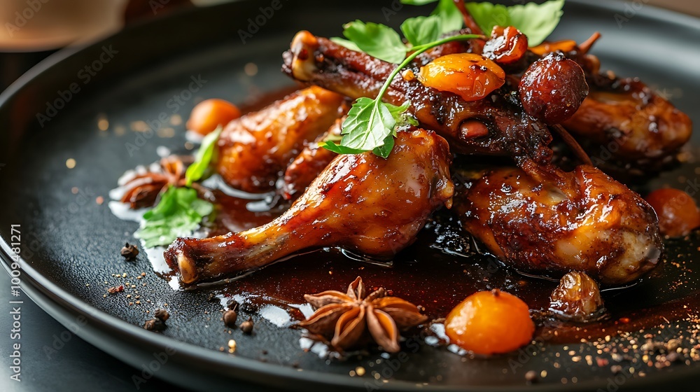 Closeup of glazed chicken drumsticks with berries and star anise on a black plate. Closeup of glazed chicken drumsticks with berries and star anise on a black plate.