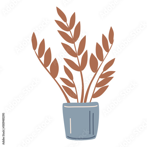 Zamiokulkas is a homemade flower in a pot. Vector illustration in hand-drawn style, isolated on a white background