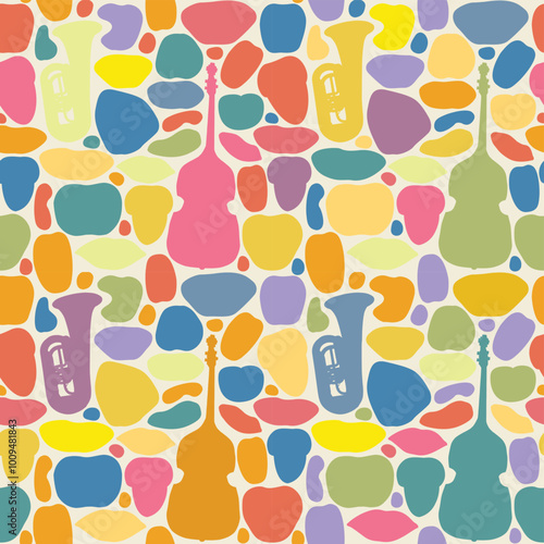 vector abstract Bright seamless pattern texture with colored shapes and silhouettes of musical instruments double bass and trumpet. Suitable for Wallpaper, wrapping paper, background, fabric or textil
