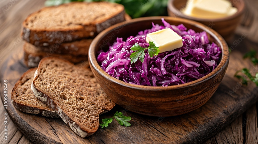 A bowl of fermented red cabbage sauerkraut, served with slices of rye bread and butter on a wooden board A bowl of fermented red cabbage sauerkraut, served with slices of rye bread and butter on a wooden board