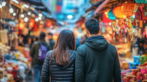 A couple walks through a vibrant market filled with colorful lights and various goods.