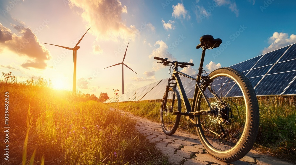 Sustainable Energy Landscape with Bicycle in the Foreground Sustainable Energy Landscape with Bicycle in the Foreground