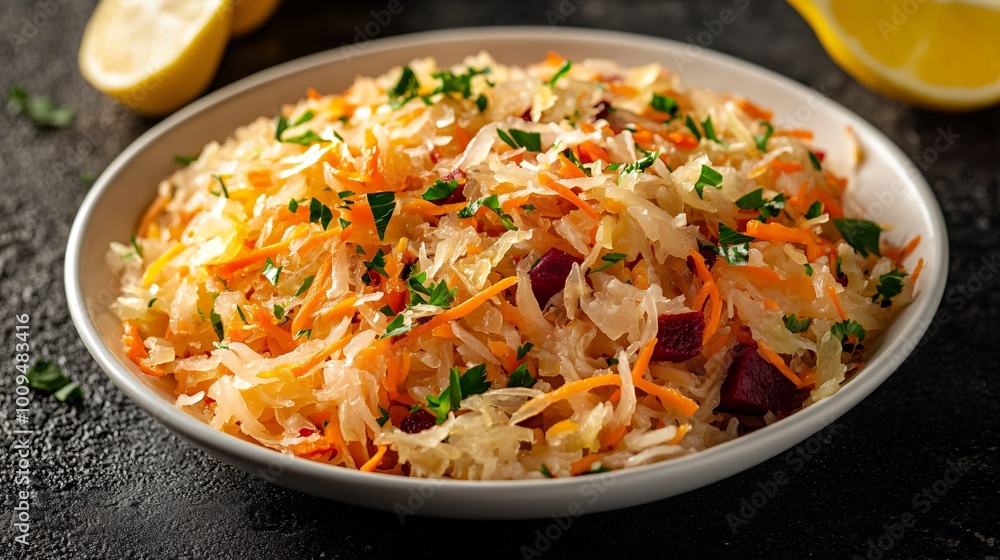 A colorful sauerkraut salad with shredded carrots, cabbage, and beets, served on a white dish with lemon wedges, against a dark countertop A colorful sauerkraut salad with shredded carrots, cabbage, and beets, served on a white dish with lemon wedges, against a dark countertop