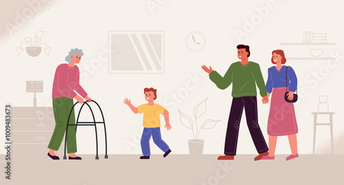 Meeting with relatives in a nursing home. Family with son visits disabled grandmother in asylum.