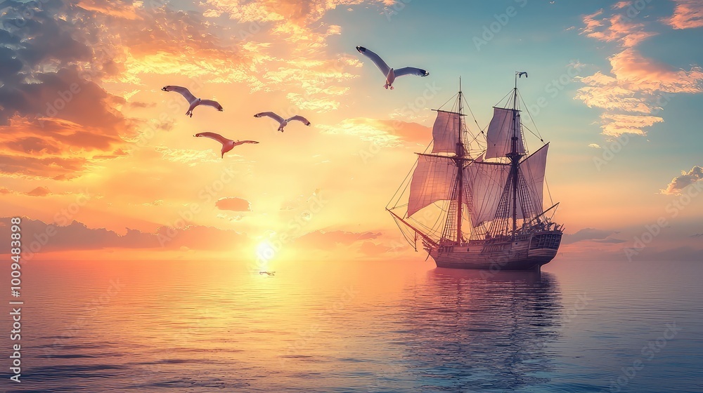 Fototapeta premium A beautiful sunset scene featuring a sailing ship on calm waters, surrounded by soaring seagulls and vibrant clouds.