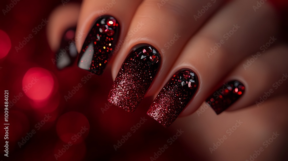 A close-up of nails with dark ruby red tones, featuring small diamond-shaped rhinestones and subtle glitter accents on a glossy base. The nails shine under bright light, A close-up of nails with dark ruby red tones, featuring small diamond-shaped rhinestones and subtle glitter accents on a glossy base. The nails shine under bright light,