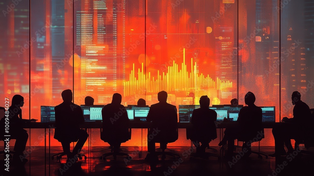 Silhouetted Figures Amid Vibrant Digital Displays Silhouetted Figures Amid Vibrant Digital Displays