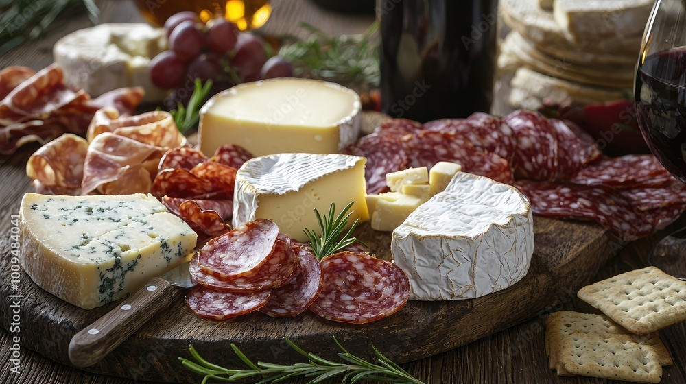 A beautifully arranged charcuterie board featuring assorted cheeses, meats, grapes, and crackers, perfect for gatherings. A beautifully arranged charcuterie board featuring assorted cheeses, meats, grapes, and crackers, perfect for gatherings.