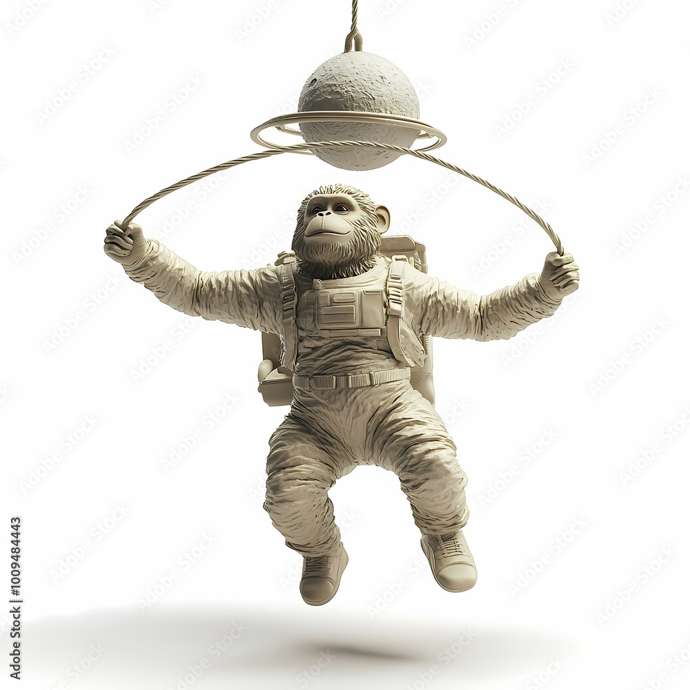 Playful Monkey Astronaut Swinging in Space Environment Playful Monkey Astronaut Swinging in Space Environment
