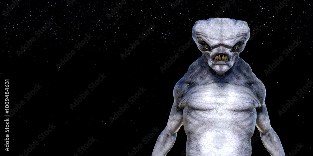 Illustration of an alien monster with long teeth looking forward against a space background. Illustration of an alien monster with long teeth looking forward against a space background.
