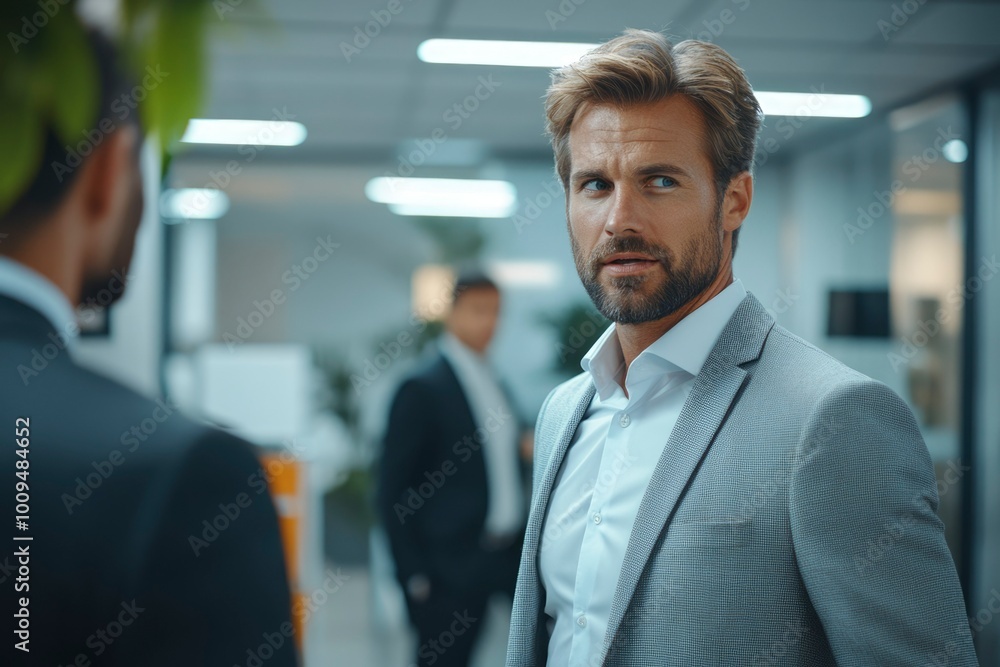 Naklejka premium A Man in a Suit Looking Over His Shoulder in an Office