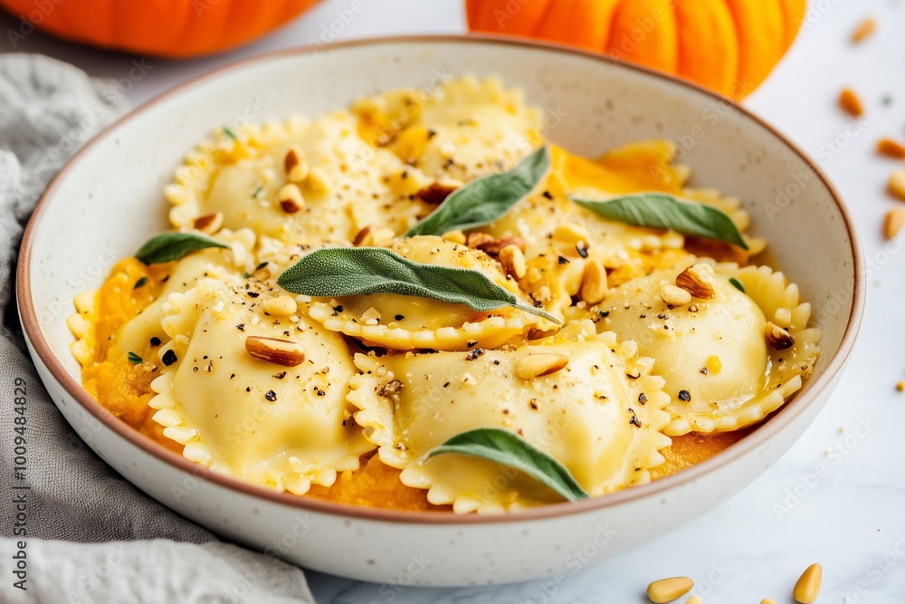 savory pumpkin and ricotta ravioli, served with brown butter sage sauce and toasted pine nuts savory pumpkin and ricotta ravioli, served with brown butter sage sauce and toasted pine nuts