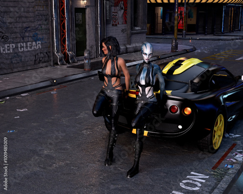 Wallpaper Mural Illustration of a human woman and an alien woman leaning against a sports car on an Asian style street. Torontodigital.ca