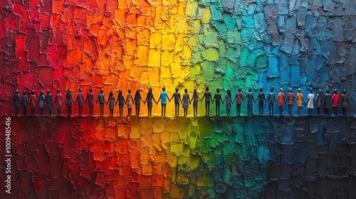 A diverse group of figures holding hands against a colorful background.