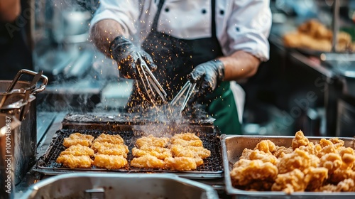 A chef skillfully prepares crispy fried food in a bustling kitchen, showcasing culinary expertise and passion for cooking.