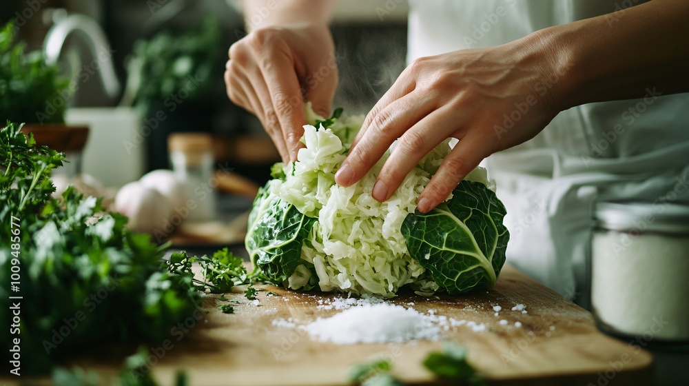 Cabbage leaves being massaged with salt by hand, preparing sauerkraut in a cozy, homely kitchen with herbs in the background Cabbage leaves being massaged with salt by hand, preparing sauerkraut in a cozy, homely kitchen with herbs in the background