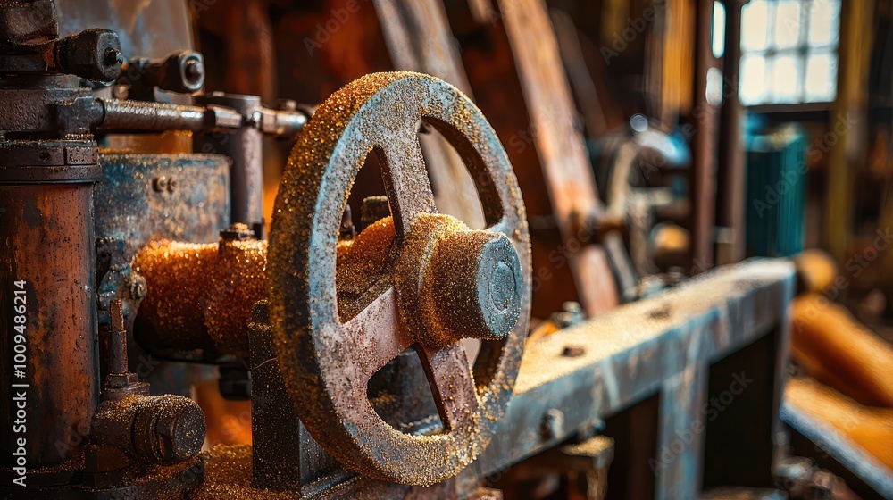 A close-up of an antique industrial wheel showcasing rust and weathered textures in a vintage workshop setting. A close-up of an antique industrial wheel showcasing rust and weathered textures in a vintage workshop setting.