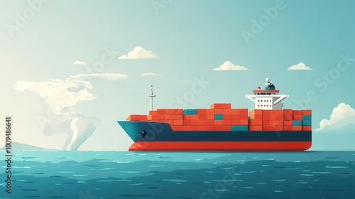 A vibrant cargo ship surrounded by calm waters and fluffy clouds, illustrating trade and transportation in a serene maritime setting. photo