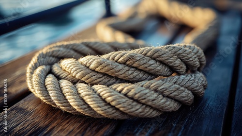 A close-up of twisted natural rope resting on a wooden surface by water, showcasing texture and craftsmanship in a serene environment.