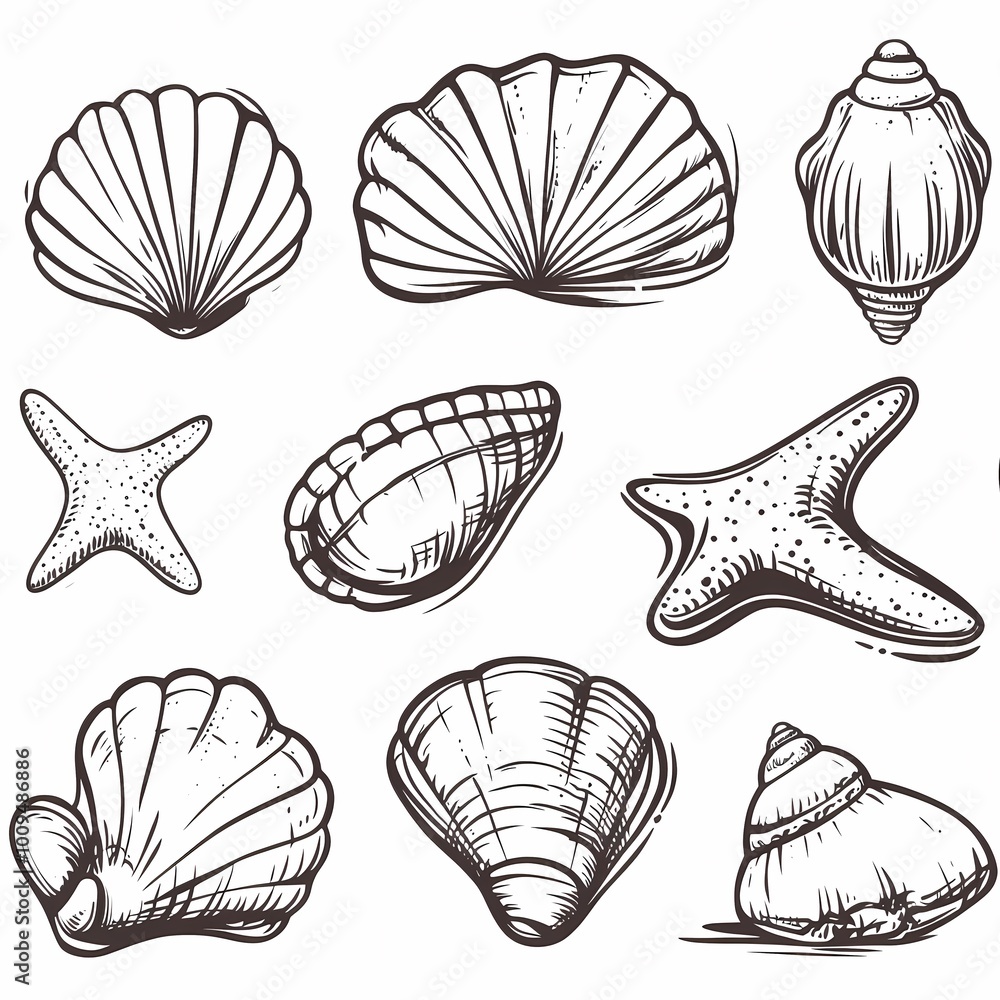 Hand-Drawn Seashells and Ocean Waves Pattern Hand-Drawn Seashells and Ocean Waves Pattern