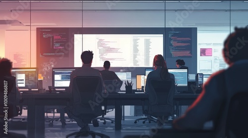 Silhouettes of People Working in an Office at Sunset