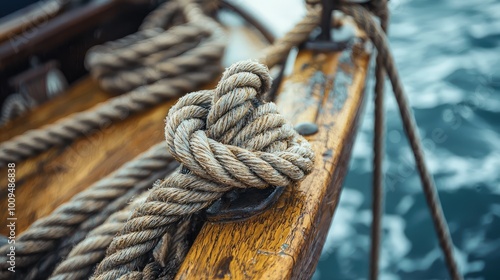 A close-up view of a taut rope knot on a wooden surface, capturing the intricate details of nautical craftsmanship.