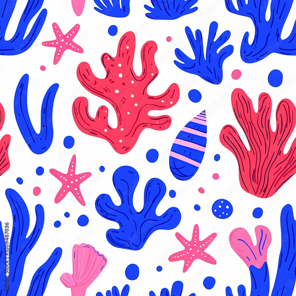 Obraz premium Colorful Hand-Drawn Pattern of Seashells and Coral