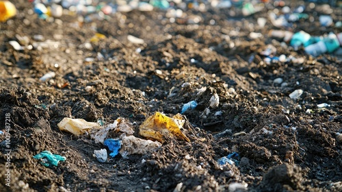 Wallpaper Mural A close-up view of garbage on the ground, highlighting the environmental issue of plastic waste in dirt and soil. Torontodigital.ca