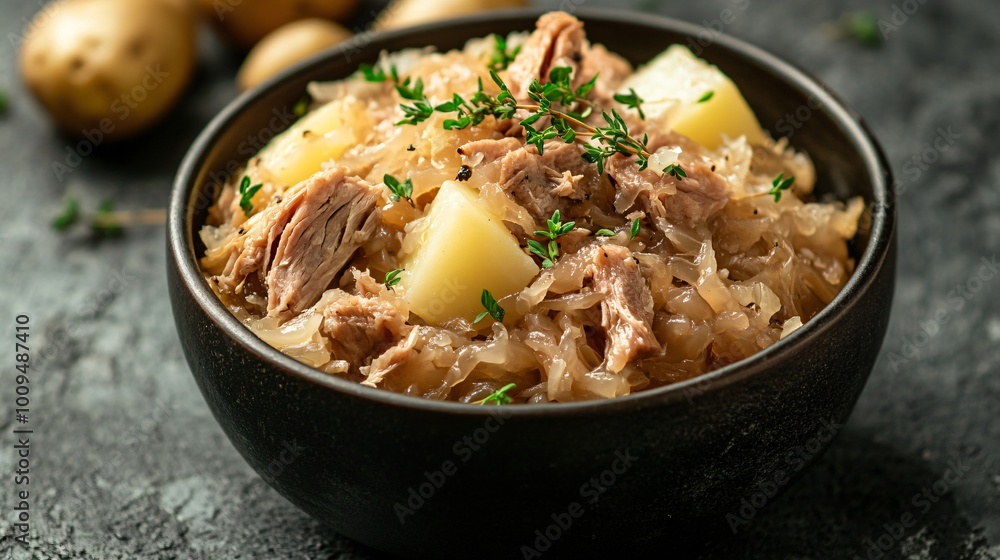 Sauerkraut mixed with smoked pork and potatoes, served in a dark bowl, garnished with fresh thyme and presented against a stone background Sauerkraut mixed with smoked pork and potatoes, served in a dark bowl, garnished with fresh thyme and presented against a stone background